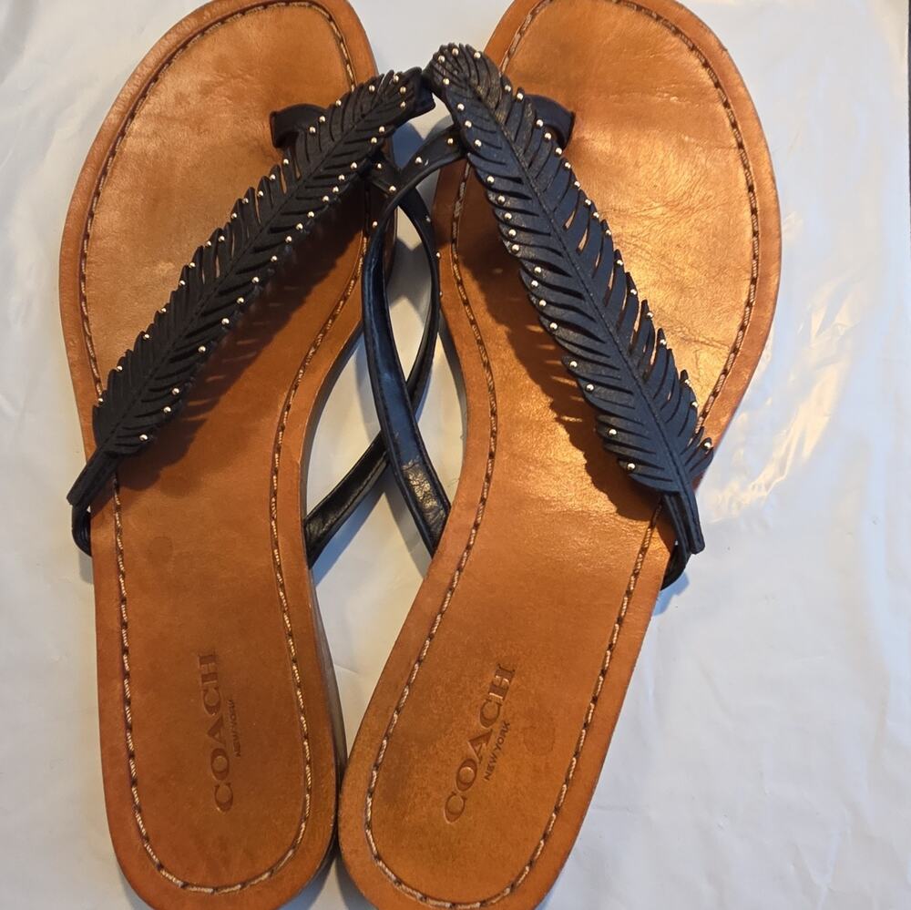 Coach Women's Leather Studded Thong Slip On Sandals Brown/Black US 8.5 B